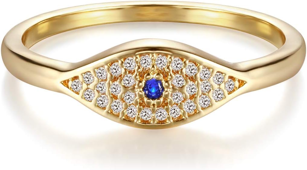 Gold Cubic Zirconia Blue Evil Eye Stacking Ring,14K Gold Plated Dainty Sapphireblue Colored Band Stackable Rings
