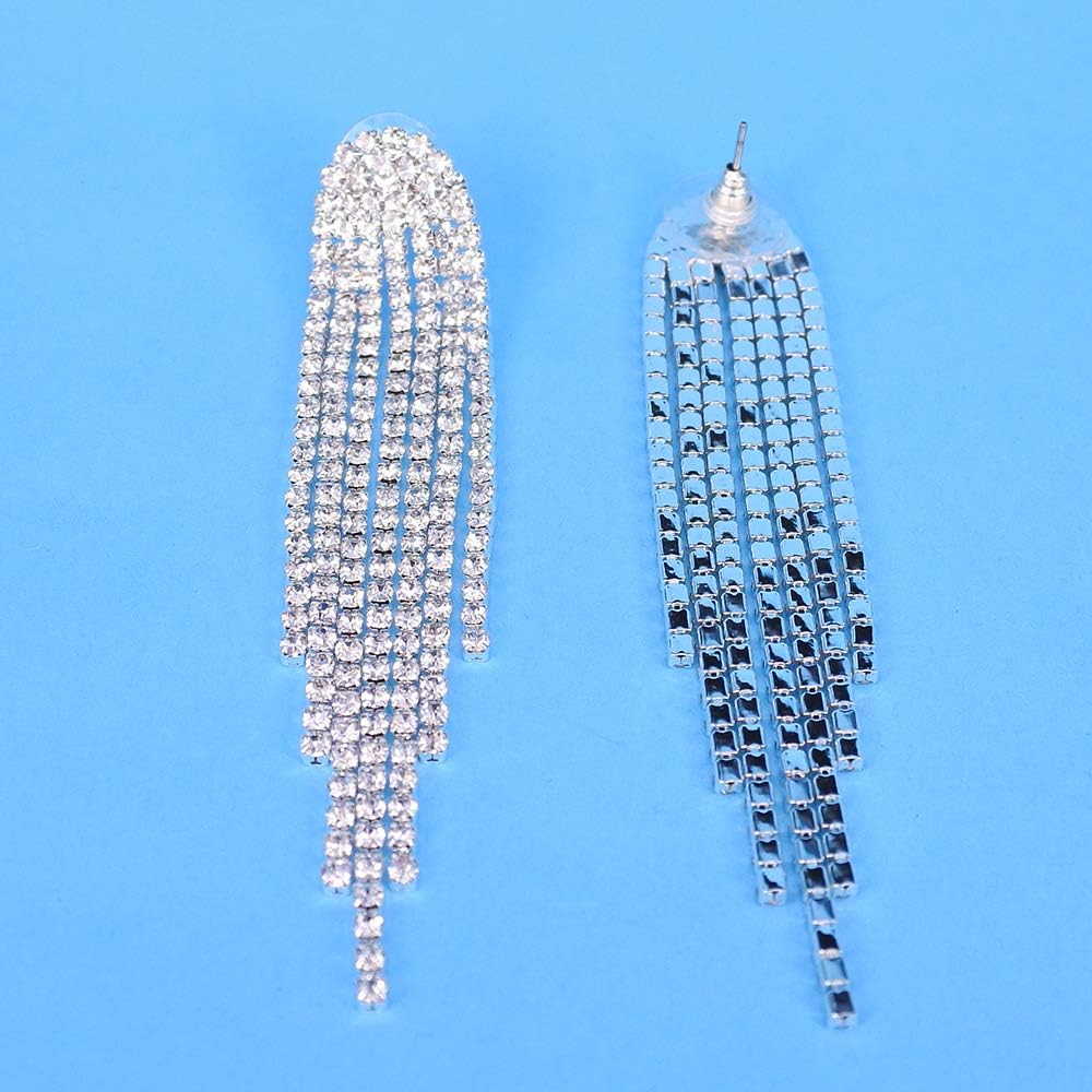 3.3"L Rhinestone Earrings Dangling Long Fringe Crystals Chandelier Dangle Drop Earrings for Women