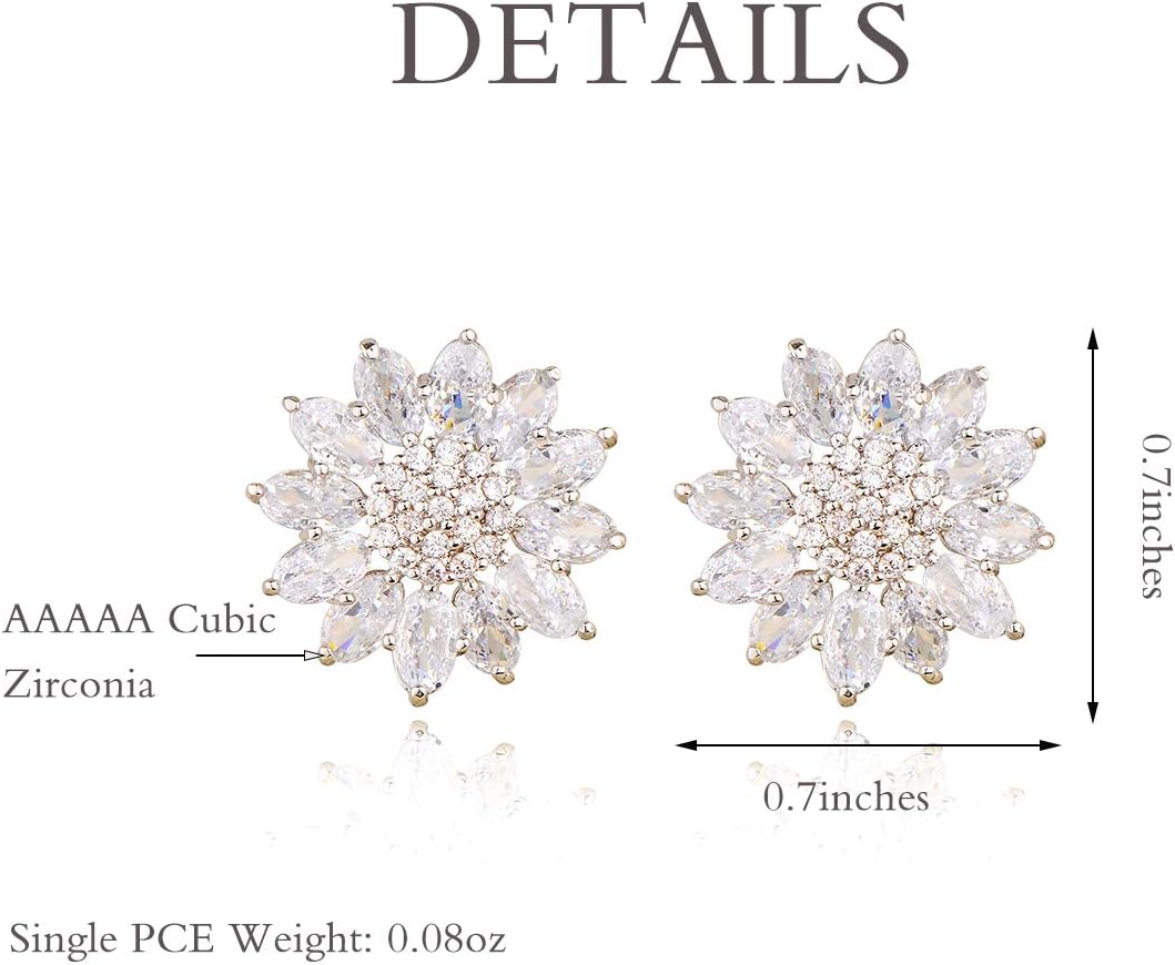 Crystal Flower Burst Stud Earirings - Big Sterling Silver CZ Cubic Zirconia Rhinestone Daisy Sunflower Floral Cluster Studs Bridal Wedding Party Prom Costume Jewelry for Bride Bridesmaids Women Birthstone Birthday Gift