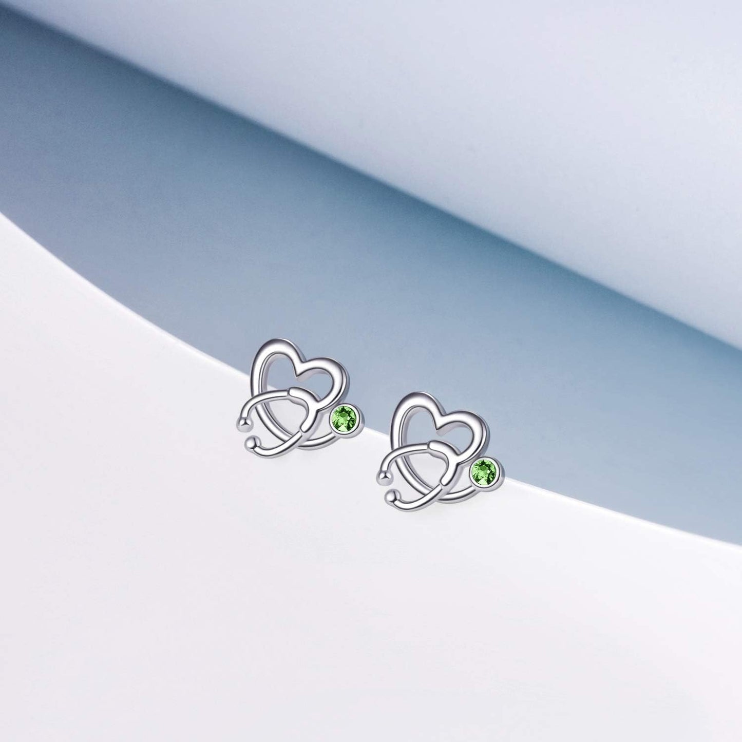 Nurse Earrings 925 Sterling Silver Stethoscope Studs Earrings Simulated 12 Months Birthstone Crystal from Austria, Graduation Jewelry Gifts for Nurse Doctor RN Medical Student