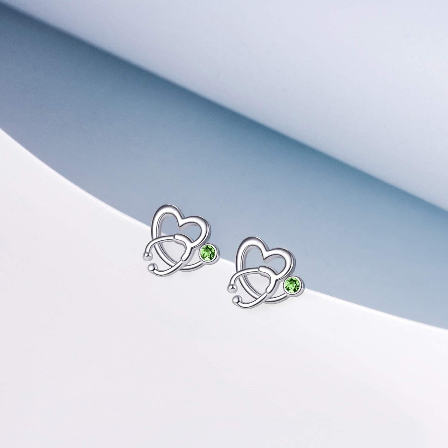 Nurse Earrings 925 Sterling Silver Stethoscope Studs Earrings Simulated 12 Months Birthstone Crystal from Austria, Graduation Jewelry Gifts for Nurse Doctor RN Medical Student