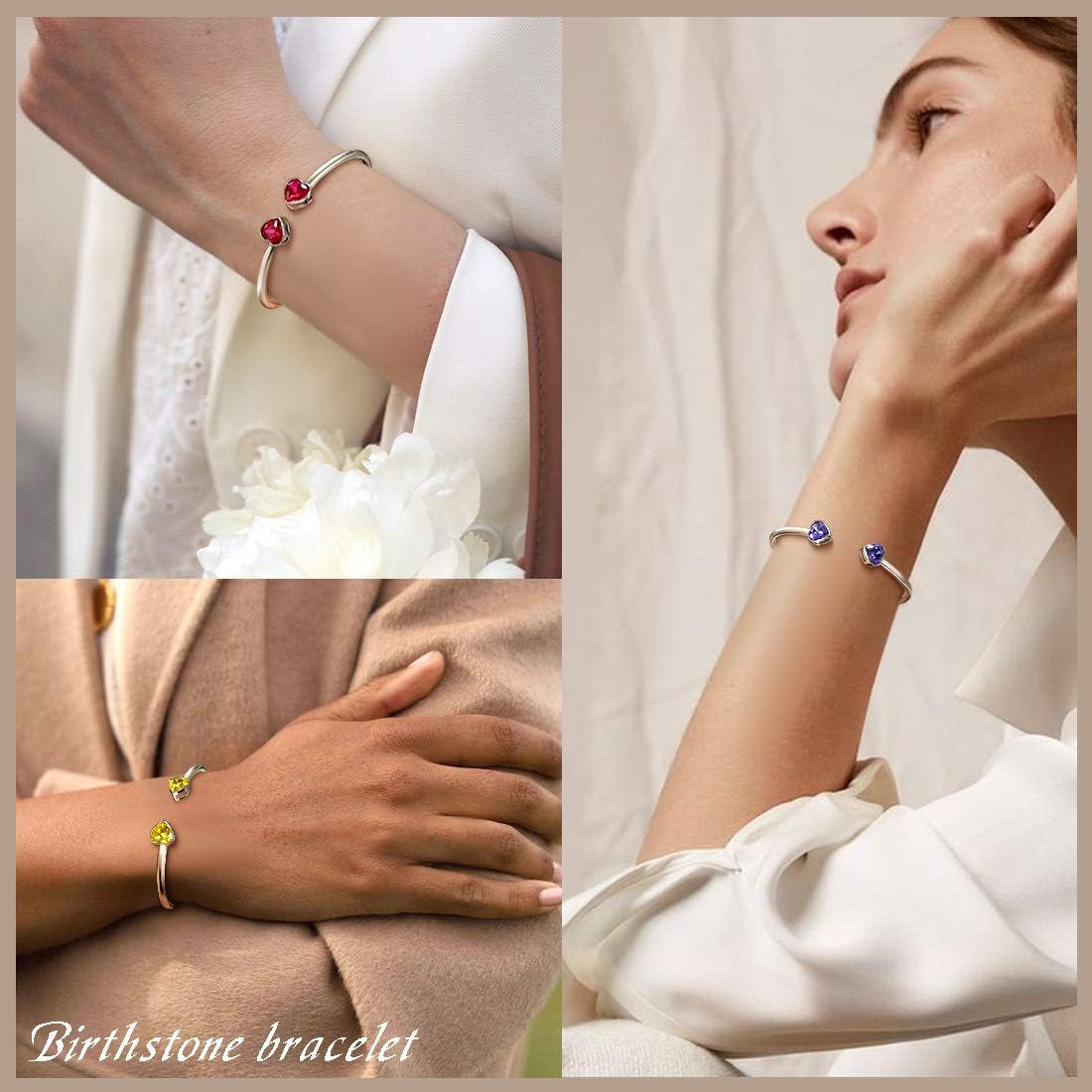 Birthstone Double Heart Adjustable Bracelets Silver Plated Birth Stone Open Bracelets Birthday Gifts Jewelry for and Women KB0018