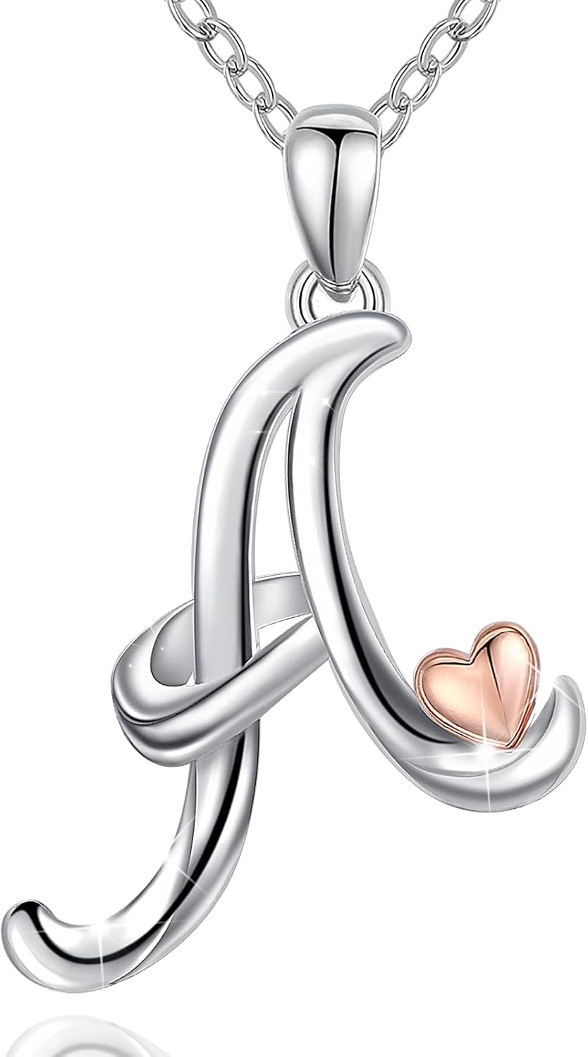 925 Sterling Silver Initial Necklaces 26 Letter with Rose Gold Heart - 18 Inch Chain