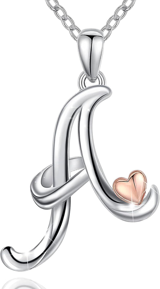 925 Sterling Silver Initial Necklaces 26 Letter with Rose Gold Heart - 18 Inch Chain