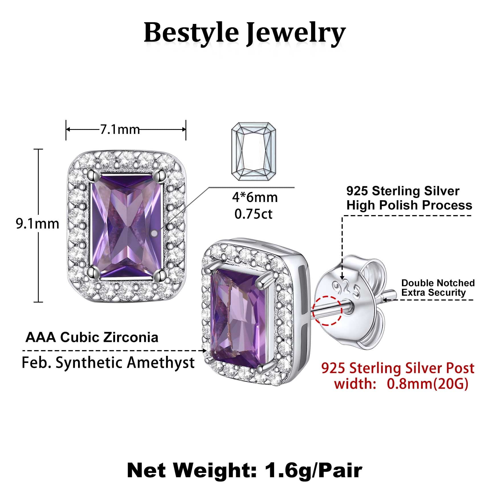 Square Diamond Stud Earrings February Amethyst Birthstone Earrings, Sterling Silver Earrings Birthday Jewelry Gift for Women