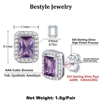 Square Diamond Stud Earrings February Amethyst Birthstone Earrings, Sterling Silver Earrings Birthday Jewelry Gift for Women