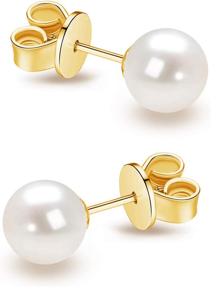14K Gold AAA+ Handpicked round Freshwater Cultured White Pearl Stud Earrings for Women Girls