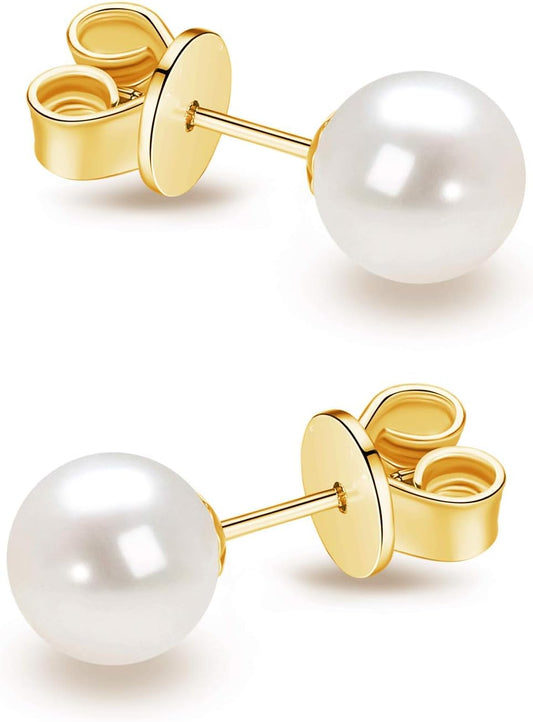 14K Gold AAA+ Handpicked round Freshwater Cultured White Pearl Stud Earrings for Women Girls
