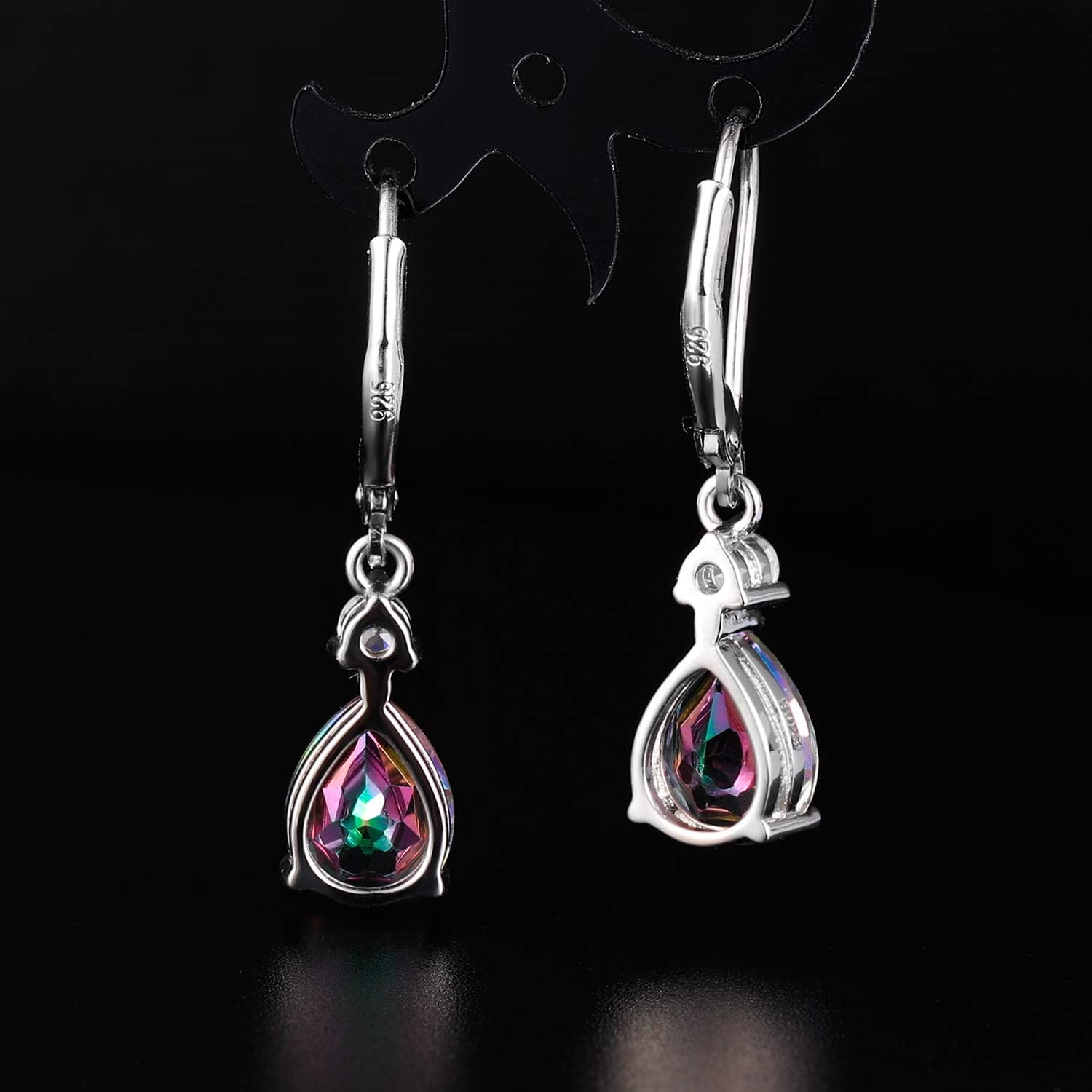 925 Sterling Silver Blue Topaz/Amethyst/Rainbow Quartz CZ Teardrop Leverback Earrings Drop Dangly Gemstone Earings Hypoallergenic Birthday Jewelry Gifts for Women
