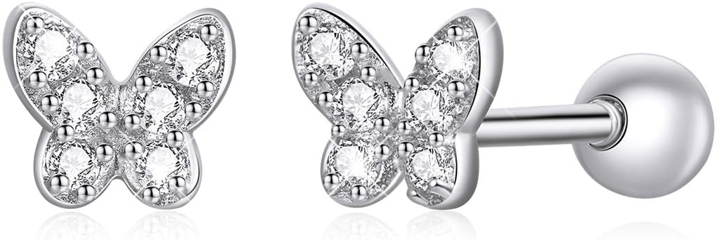 925 Sterling Silver Tiny Butterfly Heart Star Earrings with Screw Back Cubic Zirconia Stud Earrings for Women Cartilage Jewelry