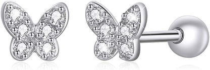 925 Sterling Silver Tiny Butterfly Heart Star Earrings with Screw Back Cubic Zirconia Stud Earrings for Women Cartilage Jewelry