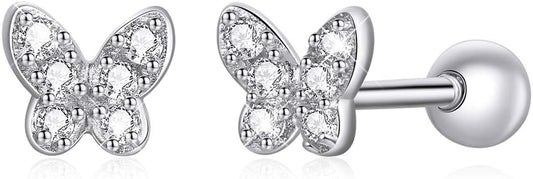 925 Sterling Silver Tiny Butterfly Heart Star Earrings with Screw Back Cubic Zirconia Stud Earrings for Women Cartilage Jewelry