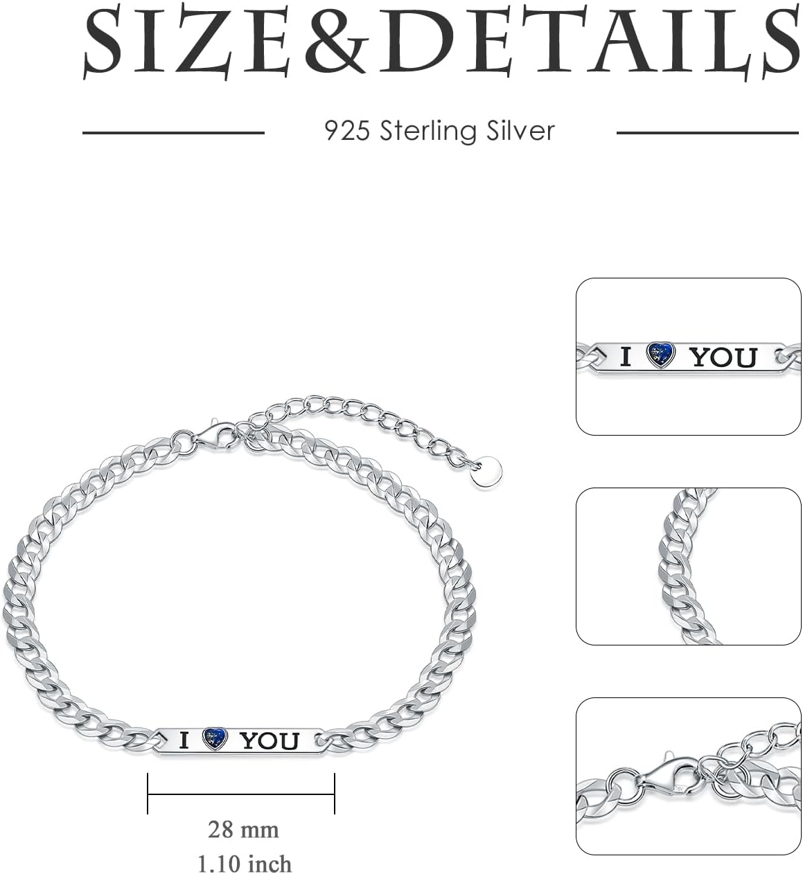 925 Sterling Silver I Love You Matching Couple Bracelets– Set of 2