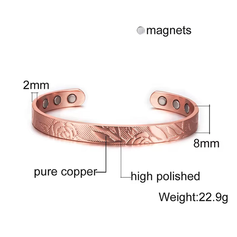 Magnetic Bracelets Rose Copper Adjustable Cuff Bangles Women Men Energy Jewelry Resizable Pain Relief for Arthritis