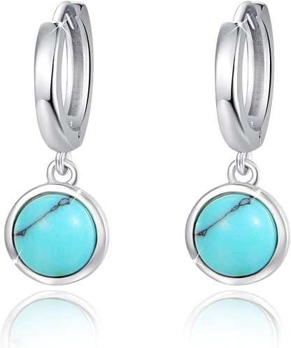 Turquoise Small Hoops Earrings, 925 Sterling Silver round Shape Huggie Hypoallergenic for Sensitive Ears, Turquoise Jewelry for Women Mom Wife Girlfriend with Box