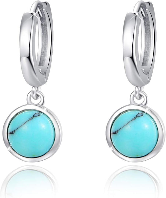 Turquoise Small Hoops Earrings, 925 Sterling Silver round Shape Huggie Hypoallergenic for Sensitive Ears, Turquoise Jewelry for Women Mom Wife Girlfriend with Box