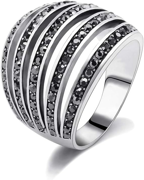 Vintage Wide Ring Classic Black Marcasite Crystal Rows Statement Silver Chunky Rings