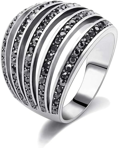 Vintage Wide Ring Classic Black Marcasite Crystal Rows Statement Silver Chunky Rings