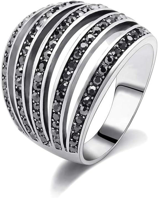 Vintage Wide Ring Classic Black Marcasite Crystal Rows Statement Silver Chunky Rings