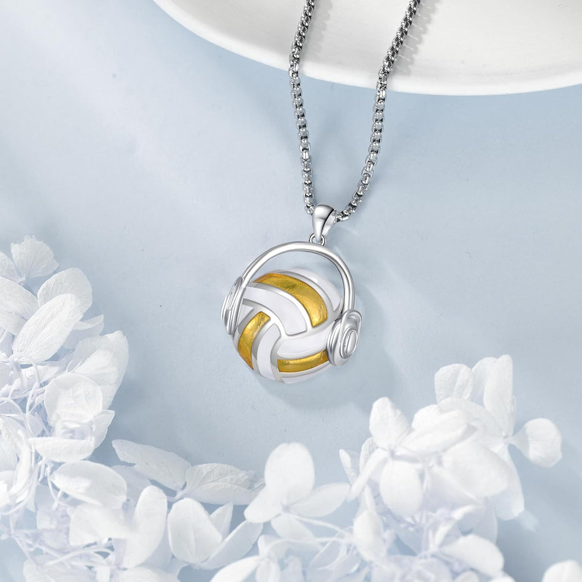 18K Gold-Plated 925 Sterling Silver Volleyball Headphone Pendant Necklace