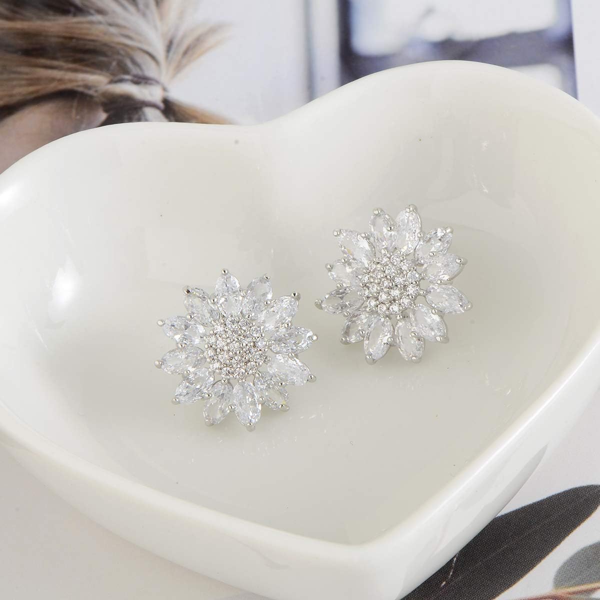 Crystal Flower Burst Stud Earirings - Big Sterling Silver CZ Cubic Zirconia Rhinestone Daisy Sunflower Floral Cluster Studs Bridal Wedding Party Prom Costume Jewelry for Bride Bridesmaids Women Birthstone Birthday Gift