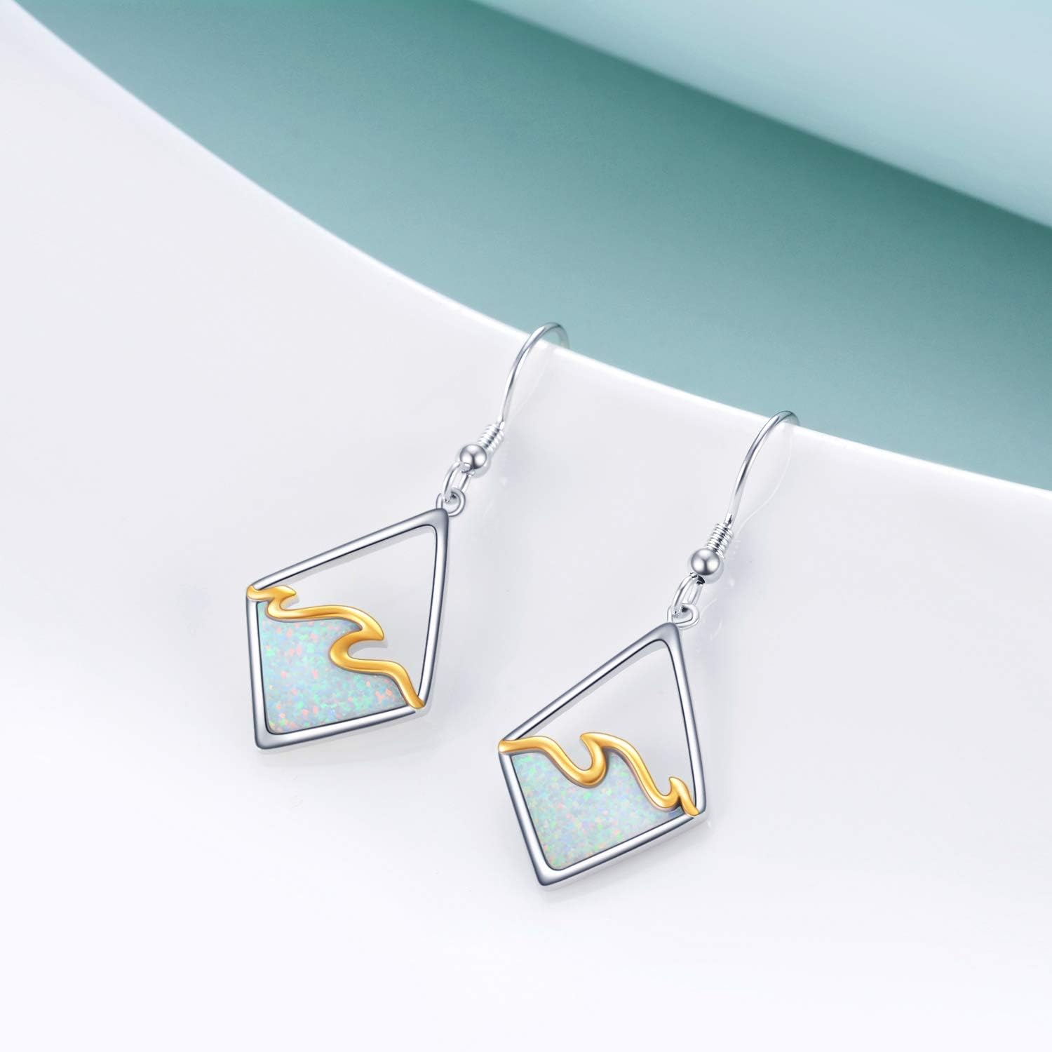 Sterling Silver Ocean Wave Earrings Created Opal Dangle Drop Earring Ocean Jewelry Beach Gifts for Women