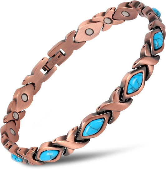 ® 99.9% Pure Copper Turquoise Magnetic Bracelet - 3000 Gauss Magnetic Copper Bracelets for Women - Adjustable Length with Adjusting Tool