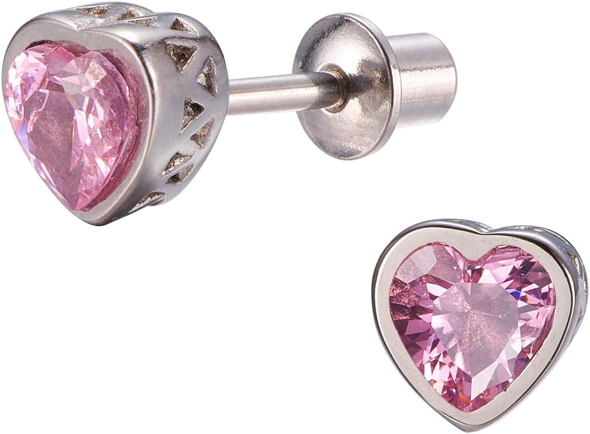 Earrings for Girls, Heart CZ Birthstone Hypoallergenic Earrings for Girls, Stud Screw on Safety Backs, Stainless Steel Ultra Sensitive Ears Post for Kids, Toddlers, Little Girls, Teens