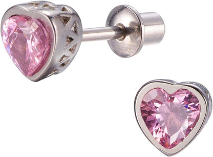 Earrings for Girls, Heart CZ Birthstone Hypoallergenic Earrings for Girls, Stud Screw on Safety Backs, Stainless Steel Ultra Sensitive Ears Post for Kids, Toddlers, Little Girls, Teens