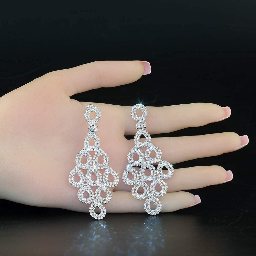 Silver Teardrop Crystal Long Tassels Dangle Earrings Sparkling Rhinestone Ladies Gifts