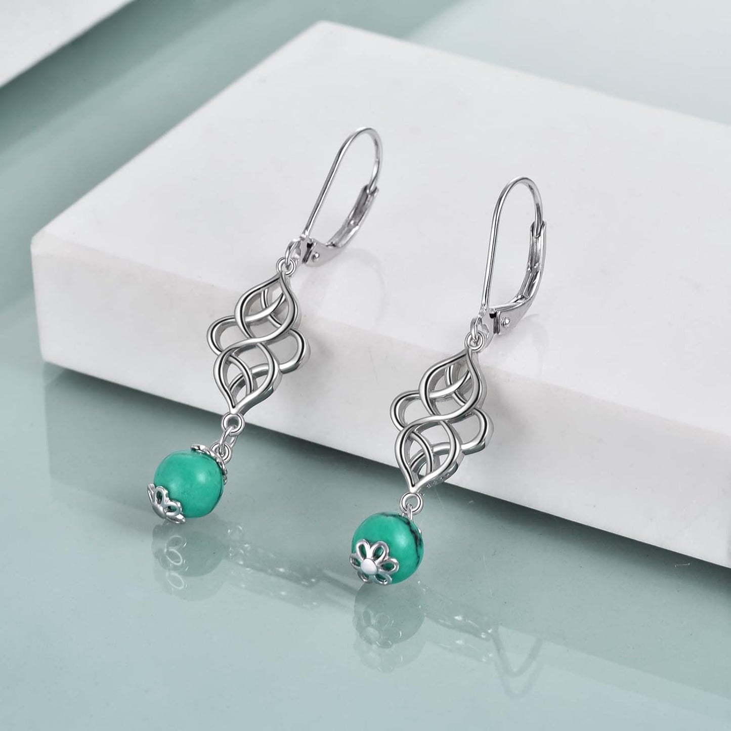 Celtic Turquoise Earrings Sterling Silver Celtic Knot Triquetra Leverback Dangle Drop Earring for Women Jewelry