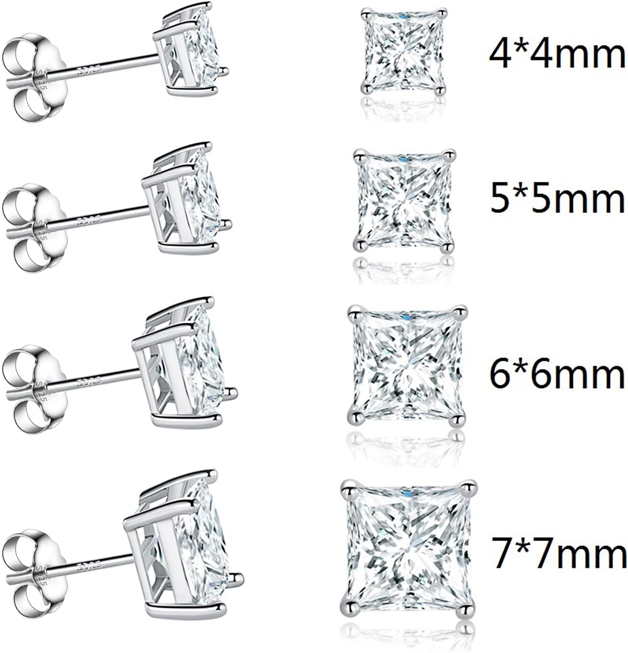 4 Pairs 925 Sterling Silver Square Stud Earring Set, 18K White Gold Plated Princess Cut Clear Cubic Zirconia Hypoallergenic Earrings Pack for Women and Men