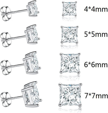 4 Pairs 925 Sterling Silver Square Stud Earring Set, 18K White Gold Plated Princess Cut Clear Cubic Zirconia Hypoallergenic Earrings Pack for Women and Men