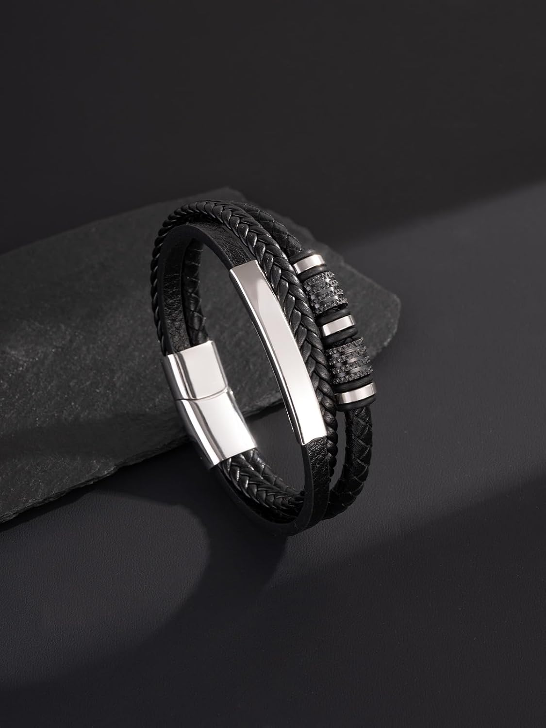 Title: Men’s Black & White Leather Braided Cuff Bracelet with 316L Stainless Steel Buckle– 8.3 inch