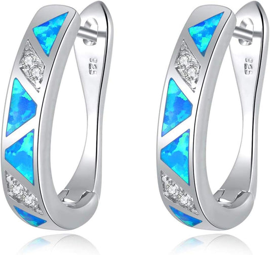 Womens Hoop Earrings White Gold Plated Opal Huggie Earrings Gemstone Jewelry Gift