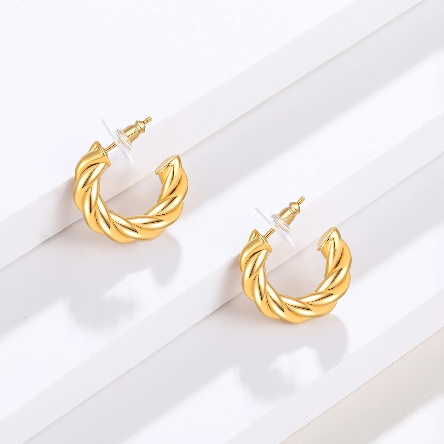 Twisted Hoop Earrings 14K Gold Plated Chunky Open Hoops High Polished Thick Rope Hypoallergenic Earrings for Women Jewelry Gift