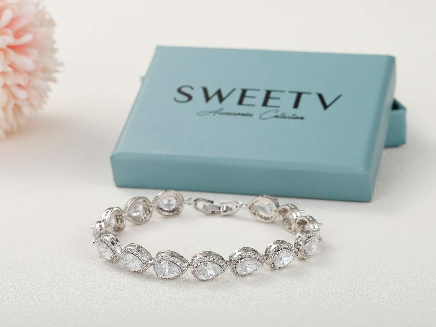 Teardrop Wedding Bridal Bracelets for Brides, Crystal Rhinestone Cubic Zirconia Tennis Bracelets for Women Prom, Bridal Jewelry