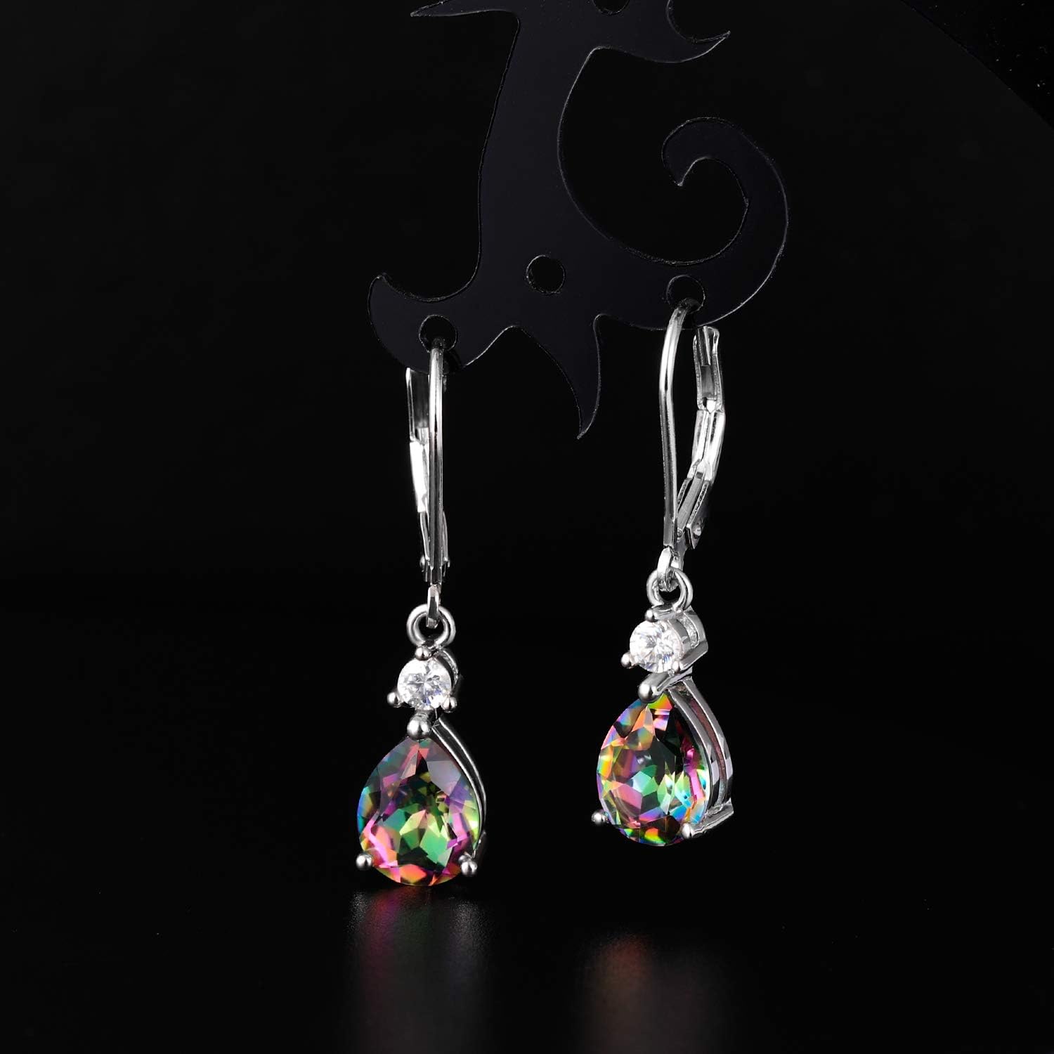 925 Sterling Silver Blue Topaz/Amethyst/Rainbow Quartz CZ Teardrop Leverback Earrings Drop Dangly Gemstone Earings Hypoallergenic Birthday Jewelry Gifts for Women