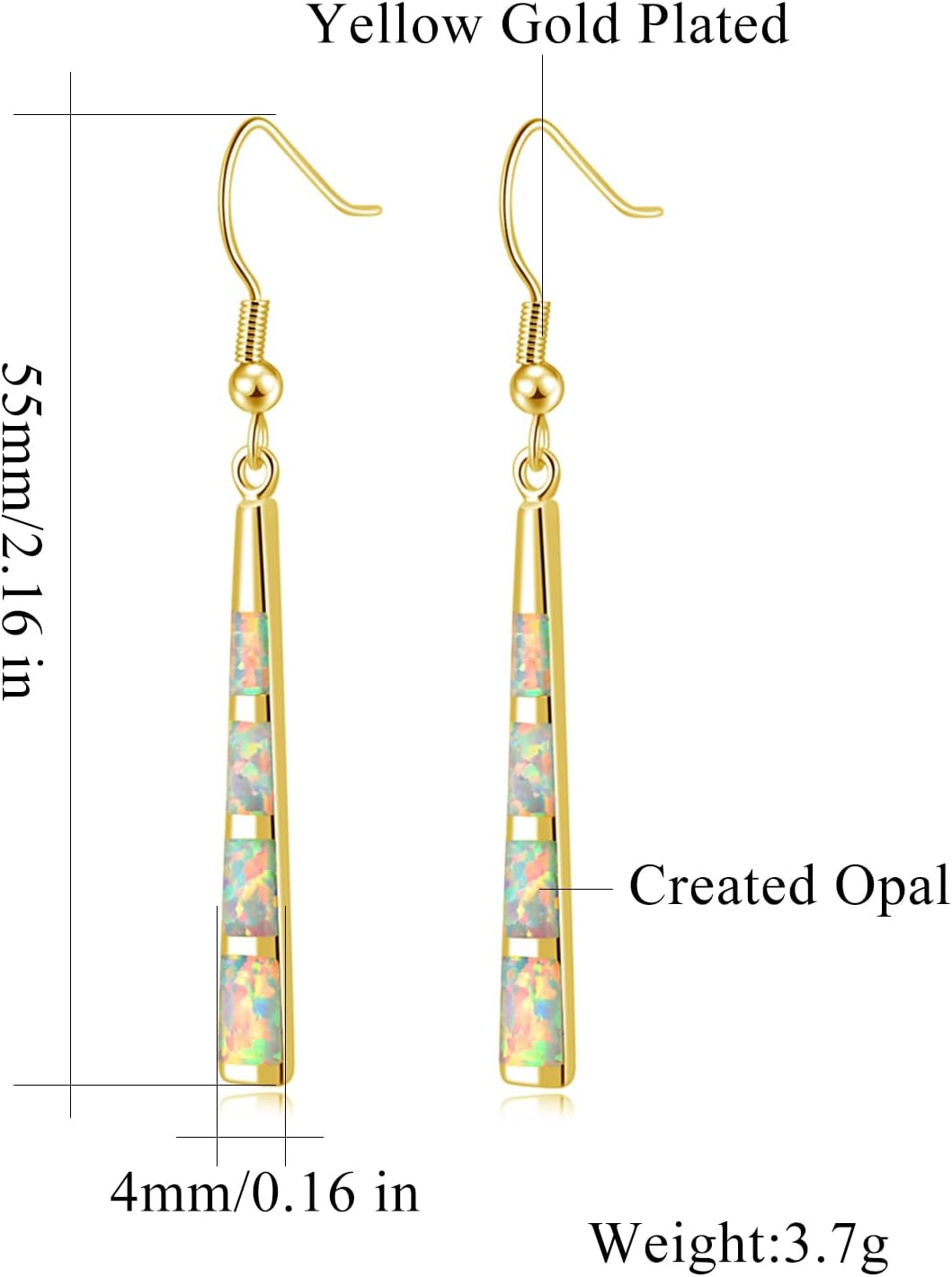 Opal Drop Earrings - Silver or Gold Plated Dangle Bar Jewelry for Women, Gems Earrings 2 1/8"