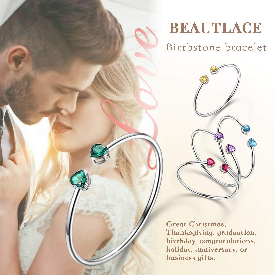 Birthstone Double Heart Adjustable Bracelets Silver Plated Birth Stone Open Bracelets Birthday Gifts Jewelry for and Women KB0018
