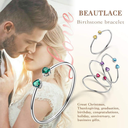 Birthstone Double Heart Adjustable Bracelets Silver Plated Birth Stone Open Bracelets Birthday Gifts Jewelry for and Women KB0018
