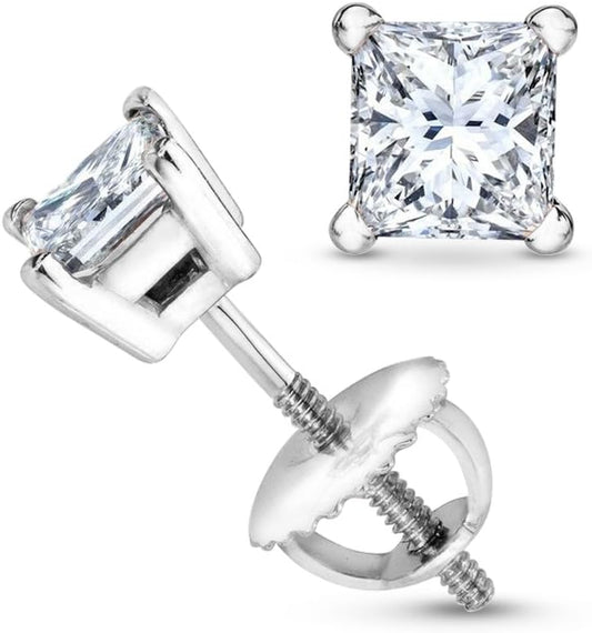 1/2 Carat IGI Certified Solitaire Diamond Stud Earrings Princess Cut 4 Prong Screw Back (H-I Color, SI1-SI2 Clarity)