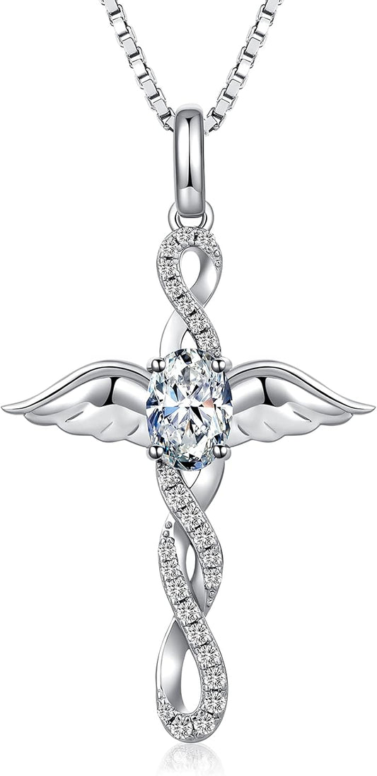 18K White Gold Plated Angel Wing Cross Necklace for Women 925 Sterling Silver Infinity Cross Pendant with Birthstone, Cross Jewelry Gift for Women with Gift Box