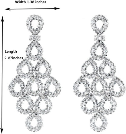 Silver Teardrop Crystal Long Tassels Dangle Earrings Sparkling Rhinestone Ladies Gifts