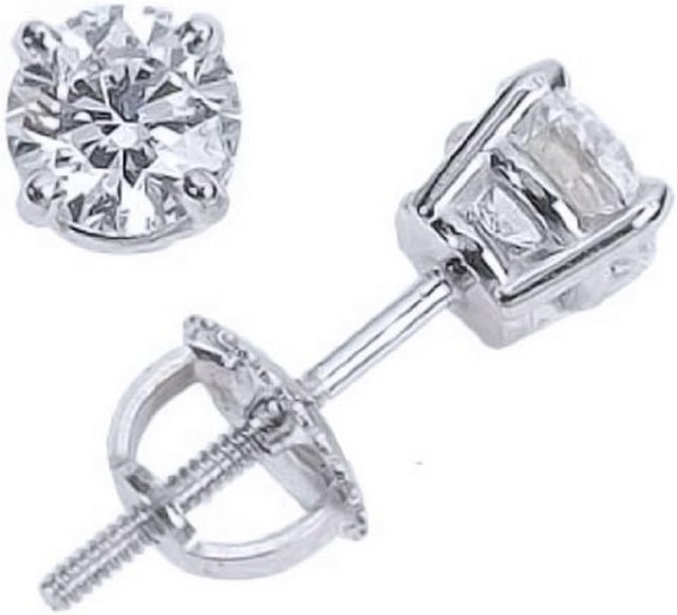 2 Carat Solitaire Diamond Stud Earrings round Cut 4 Prong Screw Back (I-J Color, I2=I3 Clarity)