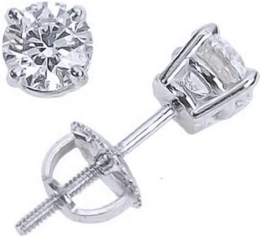 2 Carat Solitaire Diamond Stud Earrings round Cut 4 Prong Screw Back (I-J Color, I2=I3 Clarity)
