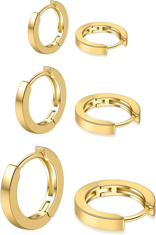 3 Pairs Small Hoop Earrings Set for Women, 14K Gold Plated Huggie Hoop Earrings for Men, Tiny Cartilage Hypoallergenic Earring Set