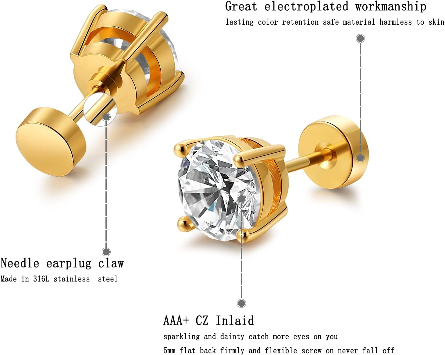 Women'S 14K Gold Plated CZ Stud Earrings Simulated Diamond round Cubic Zirconia Ear Stud Set（5 Pairs)…