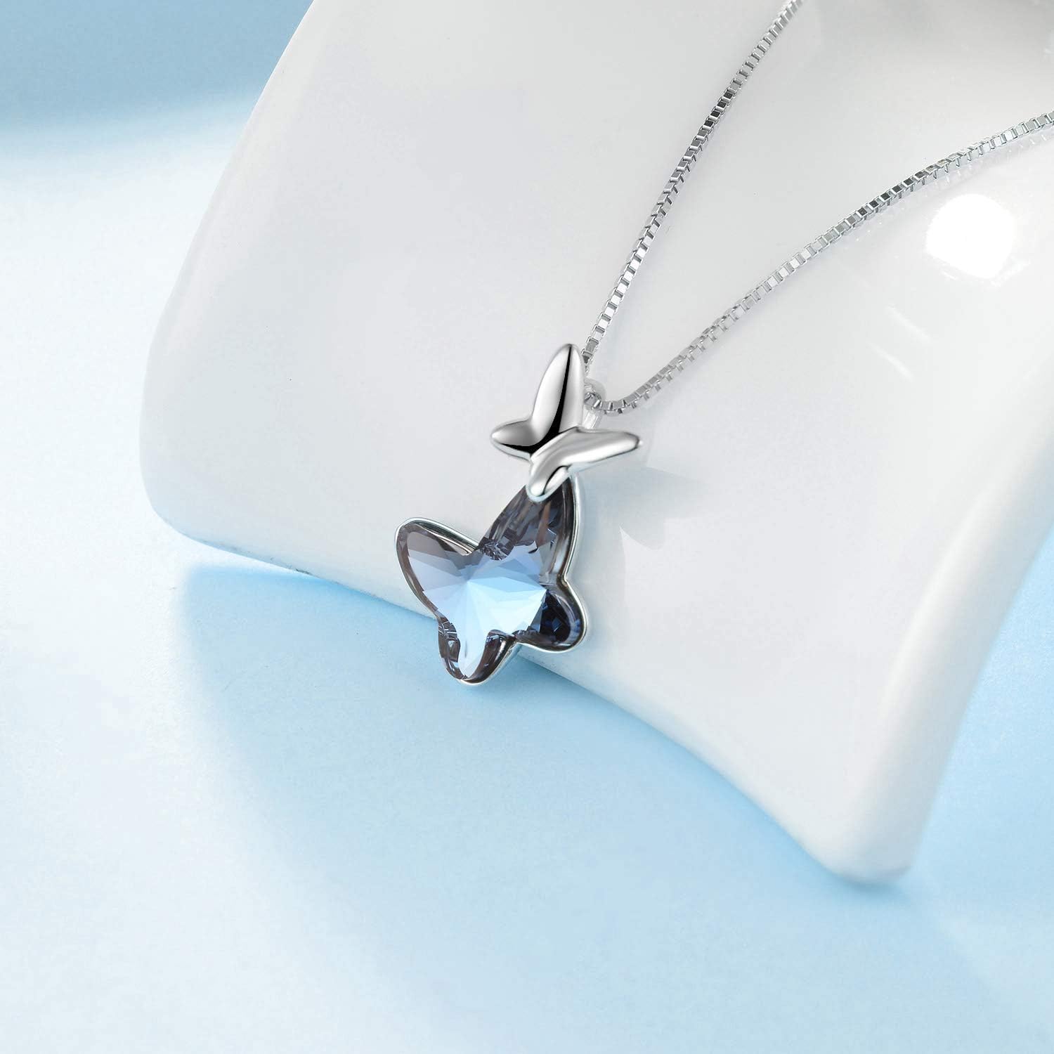 Sterling Silver Chasing Butterfly Pendant Necklace Embellished with Austrian Crystals - Fine Anniversary or Birthday Butterfly Jewelry Gift for Women - Morpho Helena Series