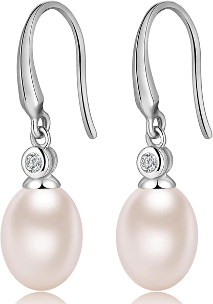 Pearl Earrings for Women 925 Sterling Silver Hook Earrings Dangle Drop Pearl Earrings Silver Drop Earrings for Women, Come with Gift Box